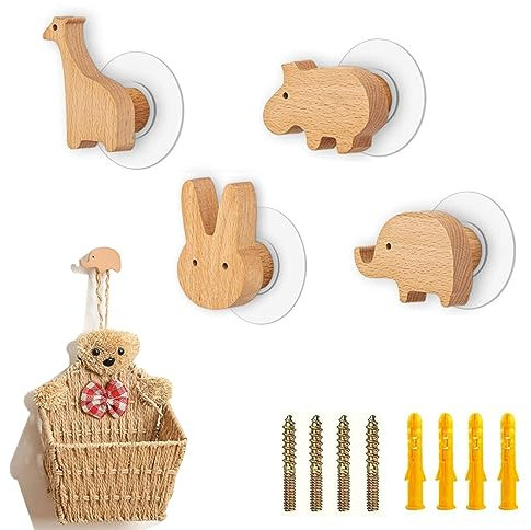 Ylinwtech 4 Stück Schrankknöpfe Holz für Kinderzimmer,Holzknäufe mit Tiermotiven,Tier Holz Schubladengriff,2 IN 1 Selbstklebend Möbelknöpfe mit Schrauben,für Mantel,Mütze,Tasche