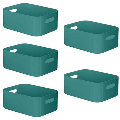 W&H 5 PCS Plastic Storage Boxes with Handle, Medium Storage Baskets, Rectangular Home & Kitchen Organiser, Plastic Boxes for Shelves, Bathroom, Office and School - 25×17×10cm (Green)