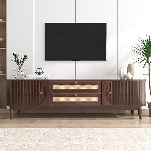 BTM TV Stand Cabinet, TV Cabinet with Doors and Drawers, TV Unit with Faux Rattan, Natural Walnut Color Mixed, 170x40x46cm