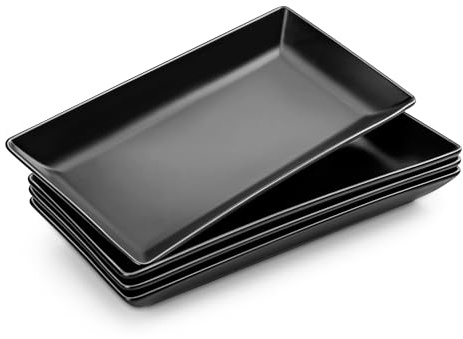 MALACASA Serving Trays Set of 4, Ceramic Serving Platters for Food, Rectangular Serving Platters and Trays for Food, Sushi, Party Trays and Platters, Serving Plates - 12 Inch, Matte Black