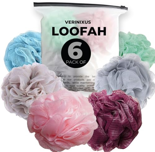Loofah Sponge Shower Puff – 6 Pack Multicolor Mesh Bath Sponges & Body Scrubbers | Exfoliating Shower Poufs for Men & Women, Durable Bath Puffs for Rich Lather & Gentle Cleaning