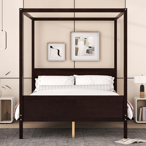 Merax Queen Size Canopy Bed with Headboard and Footboard, Solid Wood 4 Posters Platform Bed with Slat Support Leg, No Box Spring Needed, Espresso
