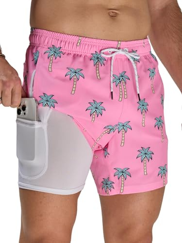 Arcweg Badbyxor för män 2-i-1 med boxeröverdrag 5,5 tum snabbtorkande badbyxor badbyxor badshorts med fickor med dragkedja, Rosa kokosnöt, M