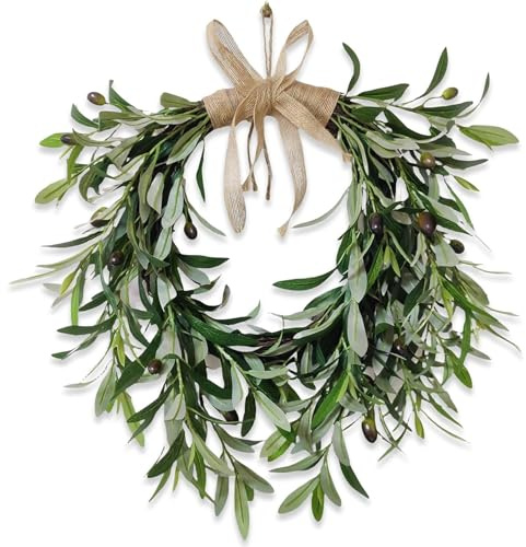 Ghirlanda artificiale a forma di cuore con foglie di ulivo e frutta, realistici rami di ulivo verde con accenti floreali primaverili, decorazione da parete, porta, matrimonio, arco, finestra, per