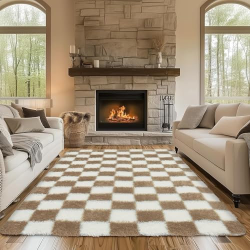 Sour Lemon Teppiche für Wohnzimmer 160x230cm,beige and weiß Karo-Teppich für Schlafzimmer,waschbarer,Rutschfester,extragroßer Flauschiger Shaggy-Teppich für Kinderzimmer, Wohnheim