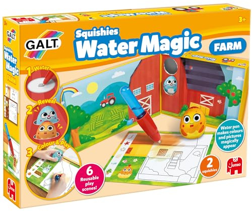 Galt Water Magic Squishies Farm Reusable Colouring Books for Children, Reusable Pictures for Kids to Colour, Magically Reveal Hidden Pictures with Water Pen & Squishy Surprises, Ages 3 Years Plus