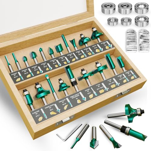 METOTY 29-tlg.professioneller Fräser-Set-8 mm Schaft Hartmetall.Für DIY & Holzbearbeitungs projekte.Verpackt in einer Holzkiste zur Aufbewahrung.mit zwei zusätzliche schnittfeste Fingerpads.