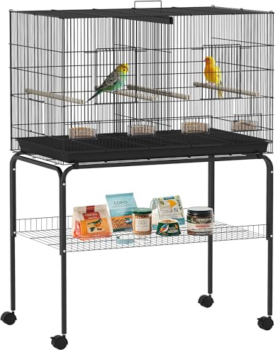 PawHut Jaula para Pájaros con Divisor, 94x57x128 cm, Pajarera con Ruedas, 4 Comederos, 4 Perchas y Bandeja Extraíble, Jaula para Loros, Canarios, Periquitos, Negro