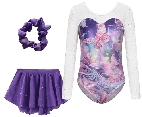 Happy Cherry Body Ginnastica Artistica Ragazze Balletto Leotards Maniche Lunghe + Gonnellino + Fascia per Capelli Danza Classica Ritmica Body Costumi Brillanti Farfalla Viola 7-8 Anni