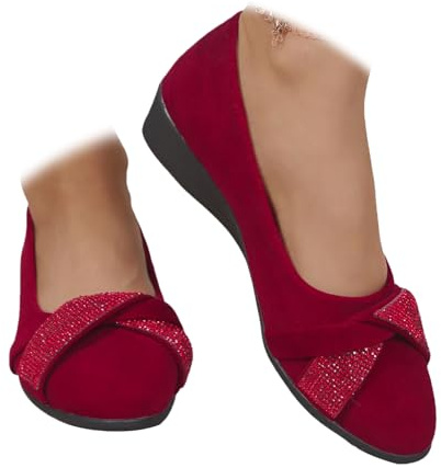 Zapatos de cuero ligeros para mujer, cómodos, con soporte de arco, de cuña, sin cordones, de tacón bajo, para el trabajo, bailarina, mocasines, Diamante de imitación rojo, 40 EU
