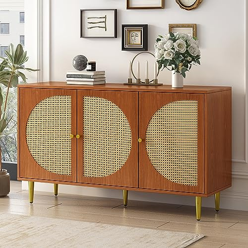 Merax Modernes Sideboard, Küchenschrank mit 3 Rattantüren, Verstellbare Regalböden, Metallbeine, Elegantes Buffetschrank Beistellschrank für Wohnzimmer, Küche, Esszimmer, Flur, 129,8x40x76cm, Nussbaum