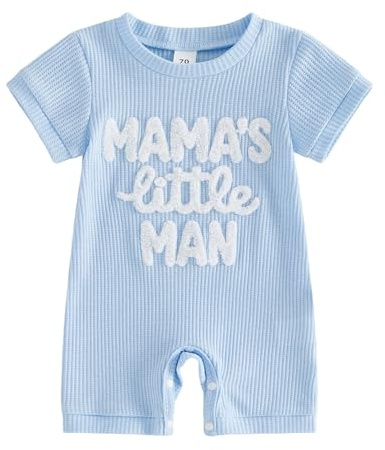 Yigubigu Newborn Baby Boys Summer Romper Letter Embroidered Short Sleeve Jumpsuit Round Neck Playsuit Waffle Bodysuit (Sky Blue, 0-3 Months)