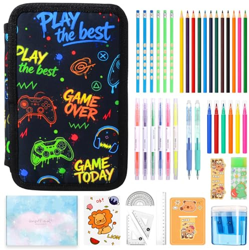 Estuche Escolar Set 41 Piezas para Niños,Estuche Escolar 3 Compartimentos | Gaming Lápices de Colores, Bolígrafos Borrables, Rotuladores, Regla, Cuaderno y Accesorios para Niños y Estudiantes