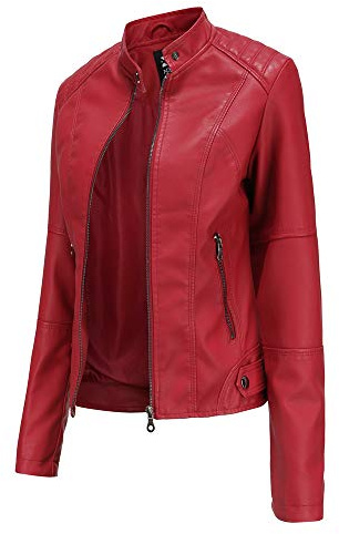 Hiser Mujer Chaqueta de Cuero con Bolsillos y Cremallera, Slim fit Manga Larga Casual Otoño Invierno Chaqueta Corta de PU Cazadora Ropa de Abrigo (Rojo,XXL)