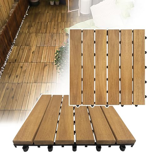 Froadp 11er Pack Holzfliesen Akazienholz Fliesen Set 30x30 cm Wasserdicht Terrassenfliesen 1 ㎡ Bodenbelag mit Drainage und Klicksystem Balkonfliesen für Outdoor Garten Terrasse (Type A)