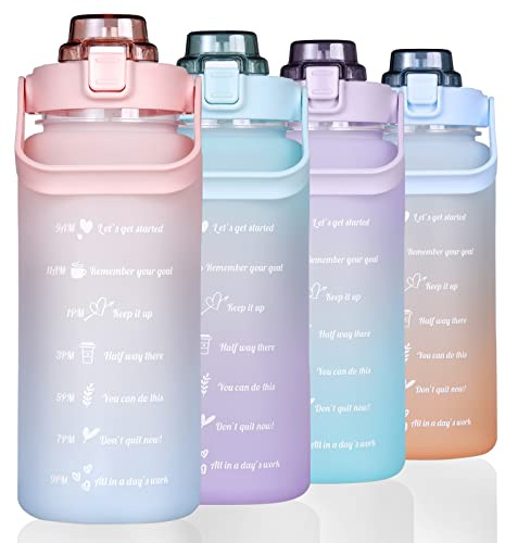RYI Large Motivational Water Bottle with Straw Time Marker BPA Free for Sport and Fitness (Pink Blue, 64 Oz/Half Gallon)