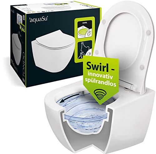 aquaSu® Wand WC Spülrandlos 2.0, innovative Swirl Spültechnik, Spritzfrei & leise, Umweltfreundlich, Wasserzulauf seitlich, WC-Set Tondo, WC-Sitz mit Absenkautomatik, Duroplast Weiß, 04997 9