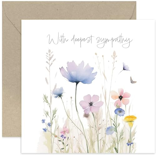 Old English Co. 'With Deepest Sympathy' Condolences Greeting Card for Loved Ones - Watercolour Flower Meadow Butterfly Sympathy Card - Thinking of You Card for Men and Women | Blank Inside Envelope