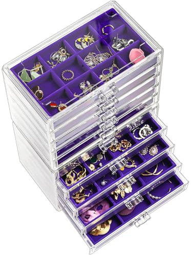 ProCase Porta Orecchini Organizer a 10 Strati, Portagioie con Cassetto e Divisori Regolabili, Porta Gioielli Chiuso da Camera, Vassoio per Gioielli Anelli Orecchini - Viola