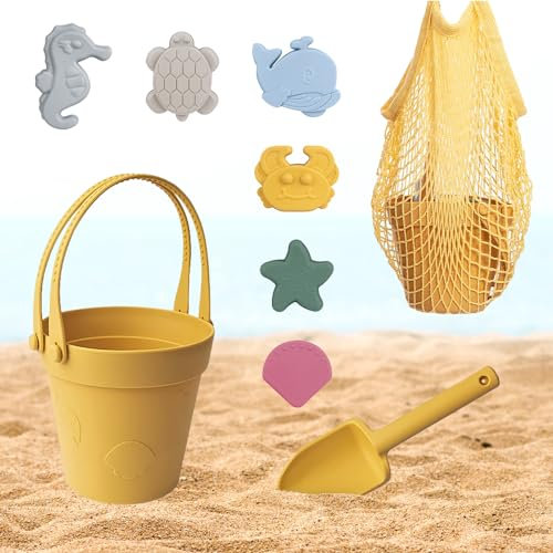 Hojalis Sandspielzeug Set, 8 Stück Sandspielzeug Strand mit Eimer, Netzbeutel, Sandförmchen, Sandkasten Spielzeug Kinder, Sandkastenspielzeug aus Silikon für Jungs und Mädchen