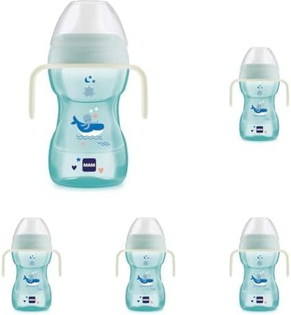 MAM Fun to Drink Cup & Glow Handles, Baby Bottle with Handles, Spill-Free Sippy Cup, Transition Drink Bottle for Babies and Toddlers, Blue (Pack of 5)