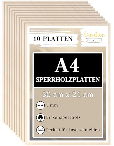 Creative Deco 10 x A4 Premie Plywoodskivor | 300 x 210 x 3 mm (+/- 2 mm) | Baltisk Björkträskikt | Perfekt för Pyrografi, Laserskärning, CNC-router, Modellering, Bandverk, Rullsåg
