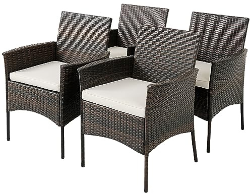 LIFEZEAL 4 Sedie da Giardino in Rattan PE, Sedia Giardino per Esterno con Braccioli e Schienale, Poltrone da Giardino con Struttura in Metallo Robusta, 4 Divani con Cuscini Portata 180 kg, 59x63x84cm