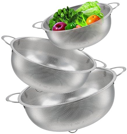 Chstarina 3Pcs Passoire de Cuisine en Acier Inoxydable, Micro-Perforées Passoires Avec Poignées et Base, Passoire à Pâtes, Crépine à Mailles Fines, pour Légumes et Fruits, Pâtes