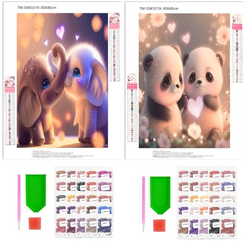 TOPBELIEF 2PCS Diamond Painting Kit, Elephant Panda Diamond Art Kit, 5D Canvas Stitch Diamond Painting, Animals Rhinestone Crystal Embroidery Stitch Paint 30 x 40 cm