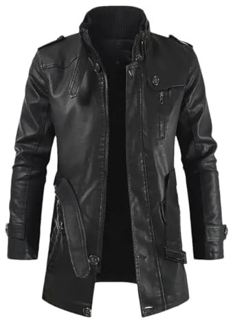Disimlarl Veste en cuir polaire épaisse pour homme Manteau long Vêtement extérieur Chaud Décontracté Steampunk Motard Pardessus, 08 Noir, 6XL