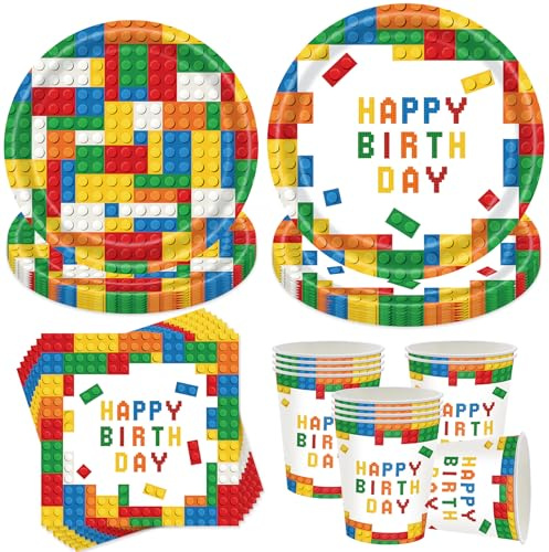Lot de 50 pièces de vaisselle de fête en papier - Brique de construction - Vaisselle en papier - Vaisselle de fête d'anniversaire pour 10 invités