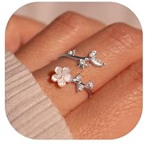 JALZEMPL Birthstone Flower Rings For Women Non Tarnish Gemstone Cubic Zirconia Mother of Pearl Adjustable Size 7-11 Silver Rose 14K Gold Plated Birth Jewelry Gift For Birthday