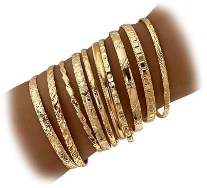 IFKM Gold Bangles Bracelets For Women, 14k Gold Plated Multi Layer Stackable Open Bracelet Set, Elegance Trendy Charms Non Tarnish Minimalist Textured Boho Jewelry Gift for Women