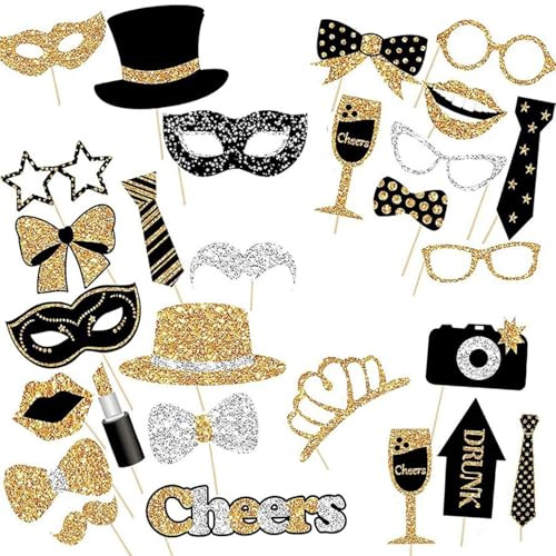 30-Piece Premium Photo Booth Prop Set for Themed Parties, Weddings, and Birthdays - Golden Hats, Lipstick, Ties, and Crowns Included