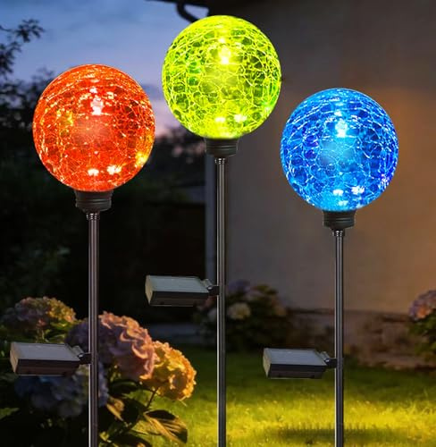 HOOEN Luces solares de jardín para exteriores, paquete de 3 luces solares multicolor que cambian de color, impermeables, decorativas para patio, bola de vidrio alimentada, luces de jardín para