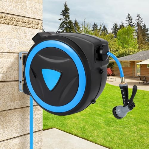 Garvee 78FT Wall-Mounted XL Hose Box Rollup (Blue), Swivel Design, Includes Gardena Hose & Mounting Kit, Versatile Watering System for Large Gardens, Winding Reel