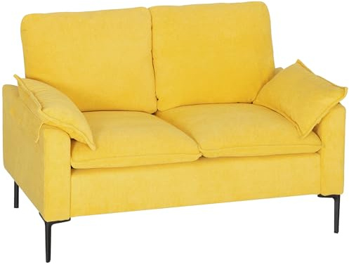 HOMCOM Divano 2 Posti Imbottito in Tessuto Spugna con Cuscini e Braccioli Rimovibili, Divanetto Moderno Salvaspazio con Gambe in Metallo per Soggiorno e Camera da Letto, 130x77x84 cm, Giallo