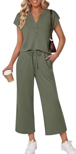 OLIPHEE Tuta Donna Estivi Lounge Set 2 Pezzi con Tshirt Scollo a V e Pantaloni Jogging Completi Donna Spiaggia Vacanza Outfit Sportivi Yoga Fitness Primavera Tracksuit Palestra Ginnastica Verde S
