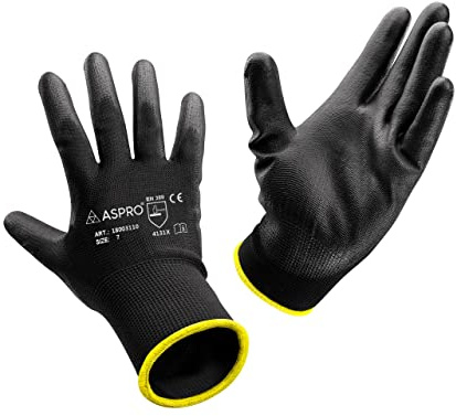 ASPRO 20 Pairs Work and Gardening Gloves - Black Nylon PU Coated Workwear Gloves for Builder, Gardener, Mechanic, Construction, Warehouse etc Size 7 (S)