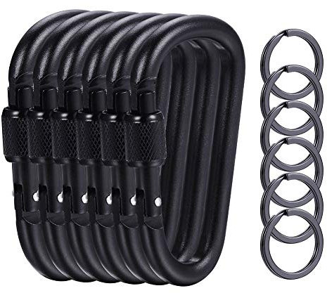 KRENDR 6 Pcs Locking Carabiner Clips, 3.1 Black Keychain Clips for Outdoor, Camping, Hiking, Fishing, Home RV, Travel, 6 Camping Clip with 6 Key Rings