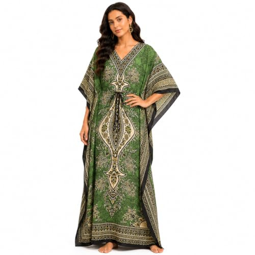 Art Of Creation Vestido caftán Casual 100% poliéster para Mujer, Vestido Largo caftán, Salida de baño (Talla única con Correa Trasera Ajustable), Verde, L