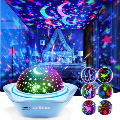 One Fire Night Light Kids,96 Lighting Modes Star Projector for Bedroom,Rechargeable 6 Films Baby Night Light Projector,360°Rotating Sensory Lights for Bedroom Ceiling Projector,Sensory Toys for Babies