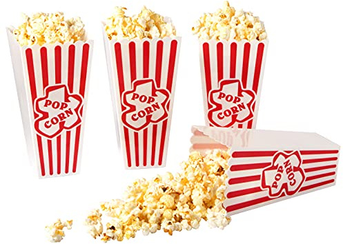 RAYMEA Plastic Popcorn Containers Red & White Striped Retro Style Reusable Popcorn Boxes for Movie Night 4”x8” (4 Pack)