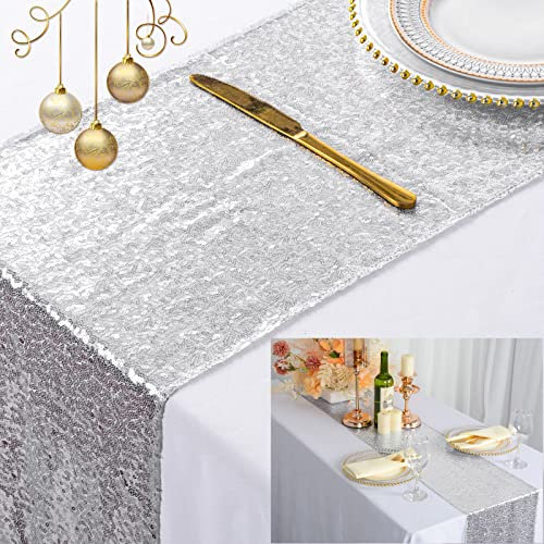 Runner da tavola in lino, con paillettes, 30 x 250 cm, colore argento, per feste di matrimonio, decorazione da tavolo in lino, runner da tavola da esterno, 30 x 250 cm, argento