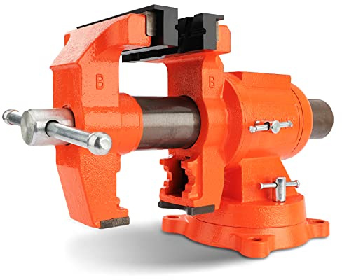 PONY Heavy Duty Bench Vise, 5-inch Jaw Width and Opening, 360-Degree Swivel Base With Anvil, Utility Combination Pipe Home Vise for Woodworking, One-Pair Vise Jaw Pad Included