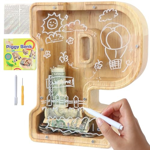 Lakpopya Spardose Kinder Jungen, Personalisiert Holz A-Z Sparschwein | Durchsichtig Buchstabe A-Z Sparbüchse für Kinder Mädchen Erwachsene mit Aufklebern und Filzstift, Taufe Geschenk Dekoration