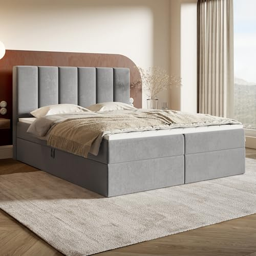 MOTIVENA Santiago Boxspringbett 180x200 Grau Samt, mit Taschenfederkern-Matratze (H3), mit Visco Memory-Foam Topper (H2), Boxspringbett 180x200 mit Bettkasten Grau (Hellgrau)