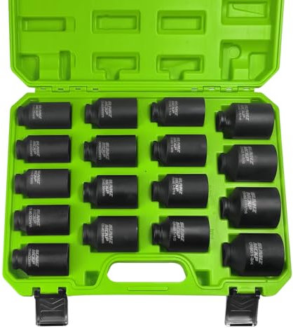 SUNHZMCKP 1/2 Drive Deep Impact Socket Set 17-Piece, Spindle 6 Point Axle Nut Sockets Set, Standard SAE (1-1/4-Inch to 1-3/4-Inch) and Metric (29mm - 38mm) Large Socket, CR-MO, Impact Grade
