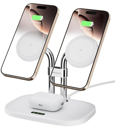 SwanScout Wireless Charger for iPhone Air/17, SwanScout 706M, Dual Magnetic Charger for iPhone 16/15/14/13/12 Series, Charging Station for AirPods Pro 3/2, AirPods 4/3rd (White)