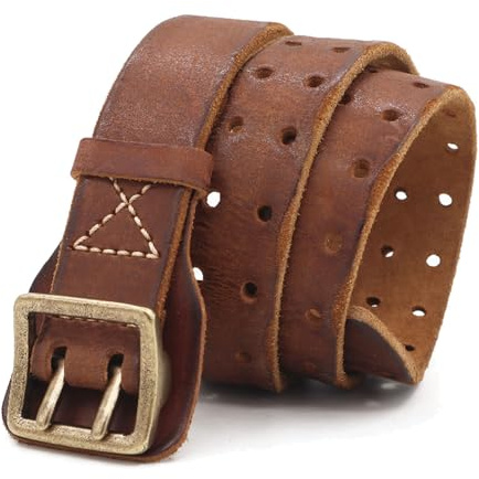 Karoukee Cinturón de Cuero Genuino Duradero para Hombre, Cinturón Vintage con Hebilla de Latón, Cinturón Casual de Doble Pechera Presentado en Caja de Regalo, Ancho 3.8 CM